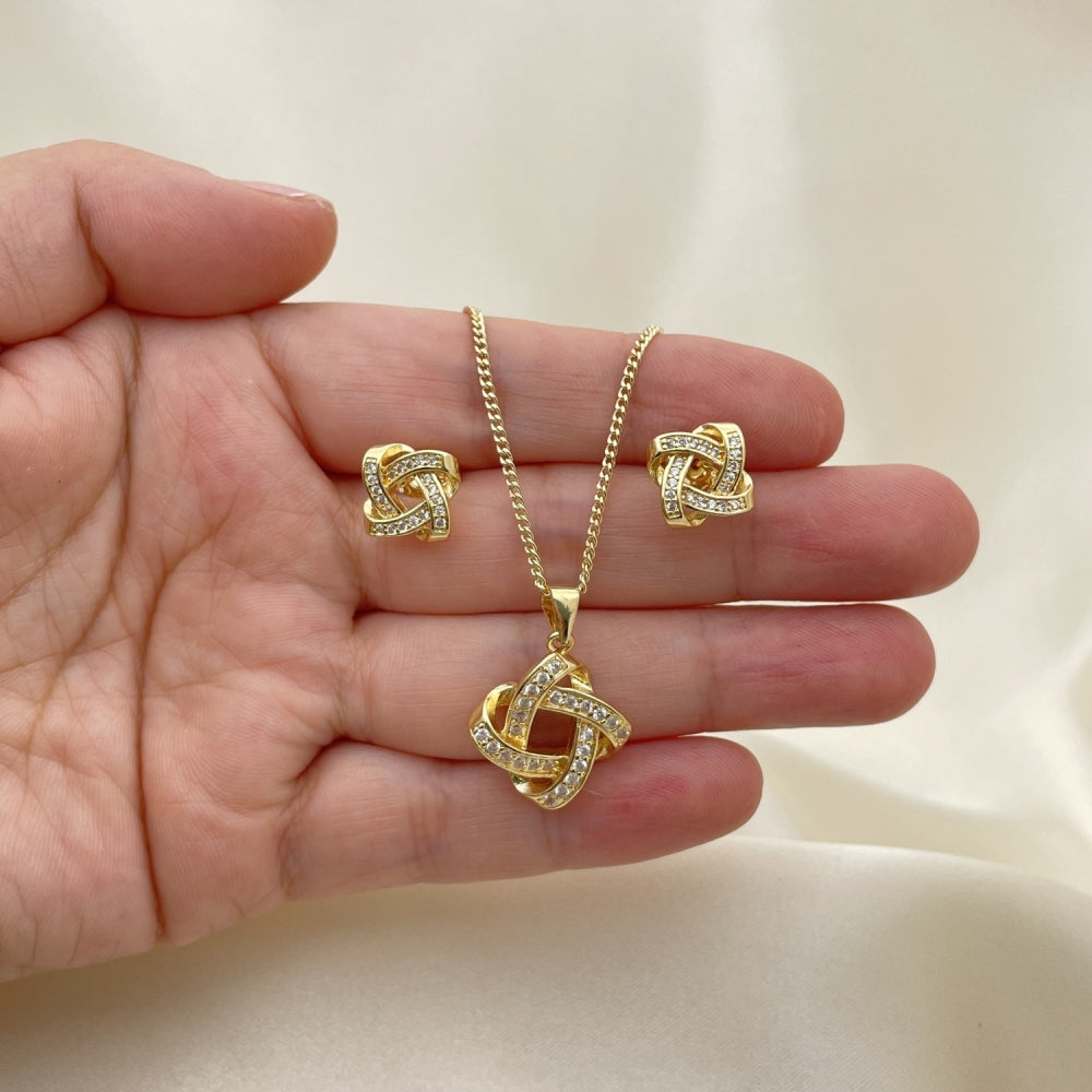 Oro Laminado Earring and Pendant Adult Set, Gold Filled Style Love Knot Design, with White Micro Pave, Polished, Golden Finish