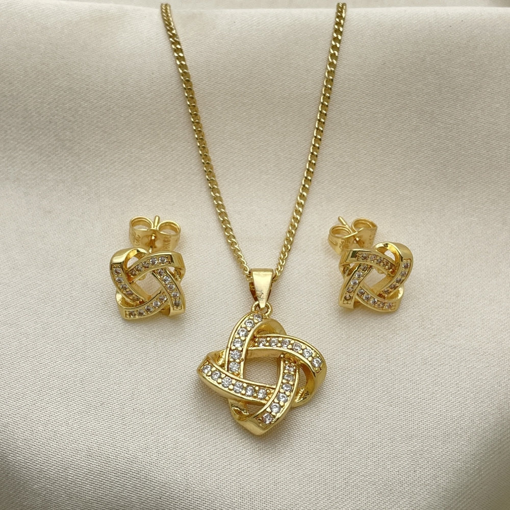Oro Laminado Earring and Pendant Adult Set, Gold Filled Style Love Knot Design, with White Micro Pave, Polished, Golden Finish
