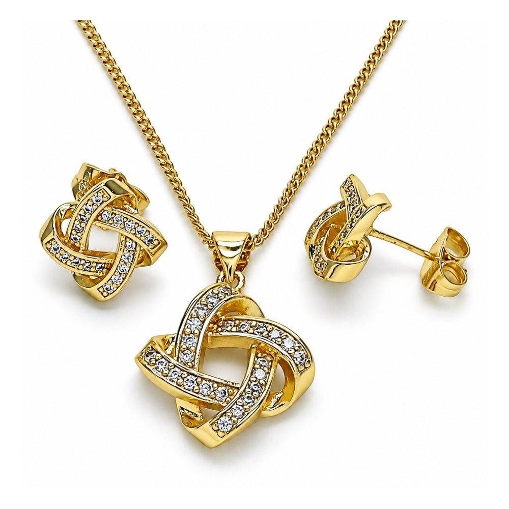 Oro Laminado Earring and Pendant Adult Set, Gold Filled Style Love Knot Design, with White Micro Pave, Polished, Golden Finish