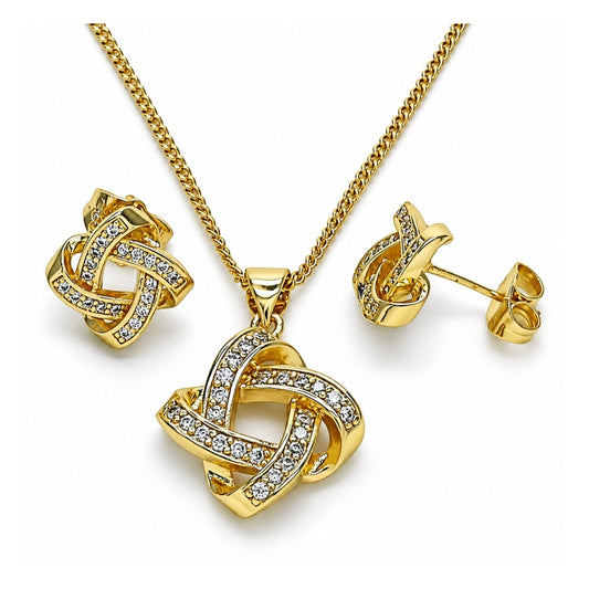 Oro Laminado Earring and Pendant Adult Set, Gold Filled Style Love Knot Design, with White Micro Pave, Polished, Golden Finish