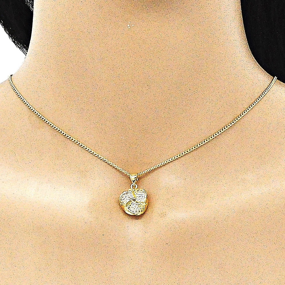 Oro Laminado Earring and Pendant Adult Set, Gold Filled Style Love Knot Design, with White Micro Pave, Polished, Golden Finish