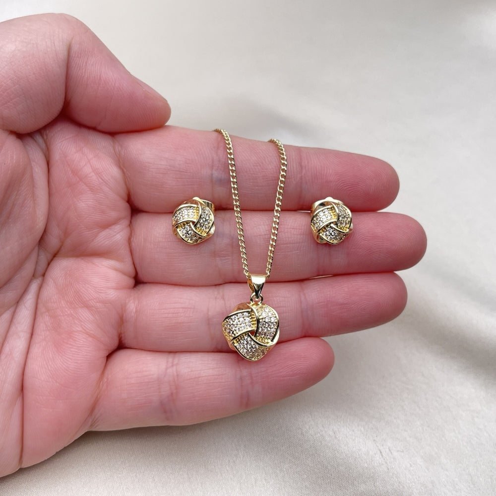 Oro Laminado Earring and Pendant Adult Set, Gold Filled Style Love Knot Design, with White Micro Pave, Polished, Golden Finish