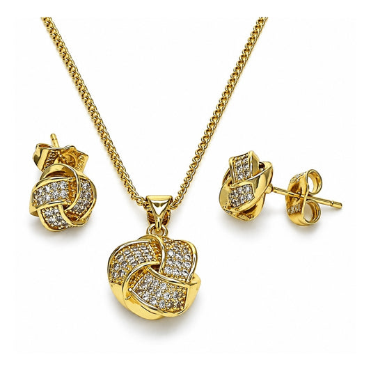 Oro Laminado Earring and Pendant Adult Set, Gold Filled Style Love Knot Design, with White Micro Pave, Polished, Golden Finish