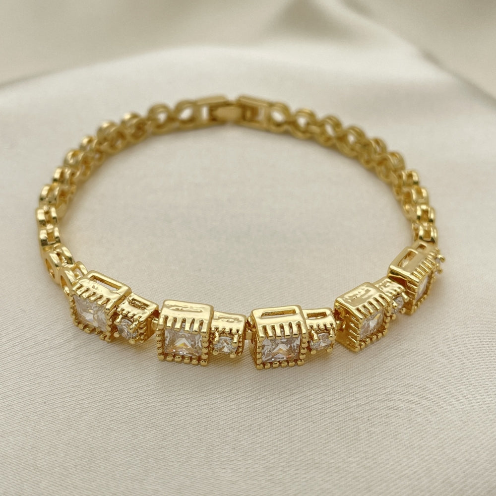 Oro Laminado Fancy Bracelet, Gold Filled Style with White Cubic Zirconia, Polished, Golden Finish