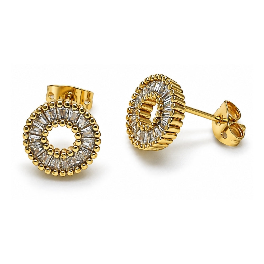 Oro Laminado Stud Earring, Gold Filled Style Baguette Design, with White Cubic Zirconia, Polished, Golden Finish