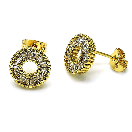 Oro Laminado Stud Earring, Gold Filled Style Baguette Design, with White Cubic Zirconia, Polished, Golden Finish