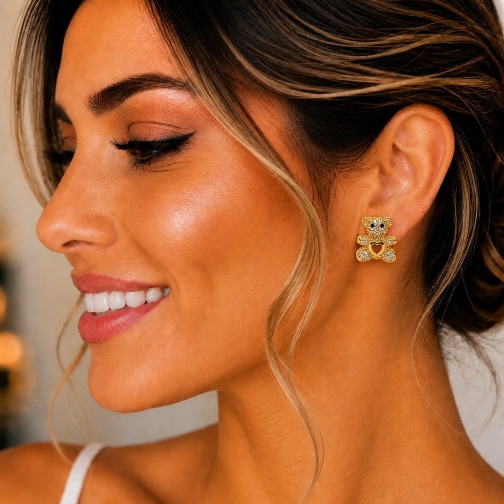 Oro Laminado Stud Earring, Gold Filled Style Teddy Bear and Heart Design, with White and Black Micro Pave, Polished, Golden Finish