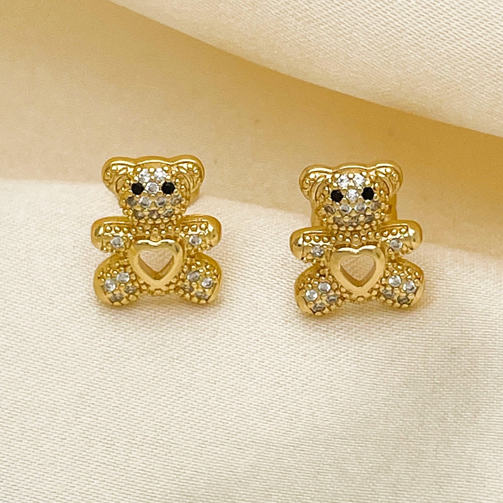 Oro Laminado Stud Earring, Gold Filled Style Teddy Bear and Heart Design, with White and Black Micro Pave, Polished, Golden Finish