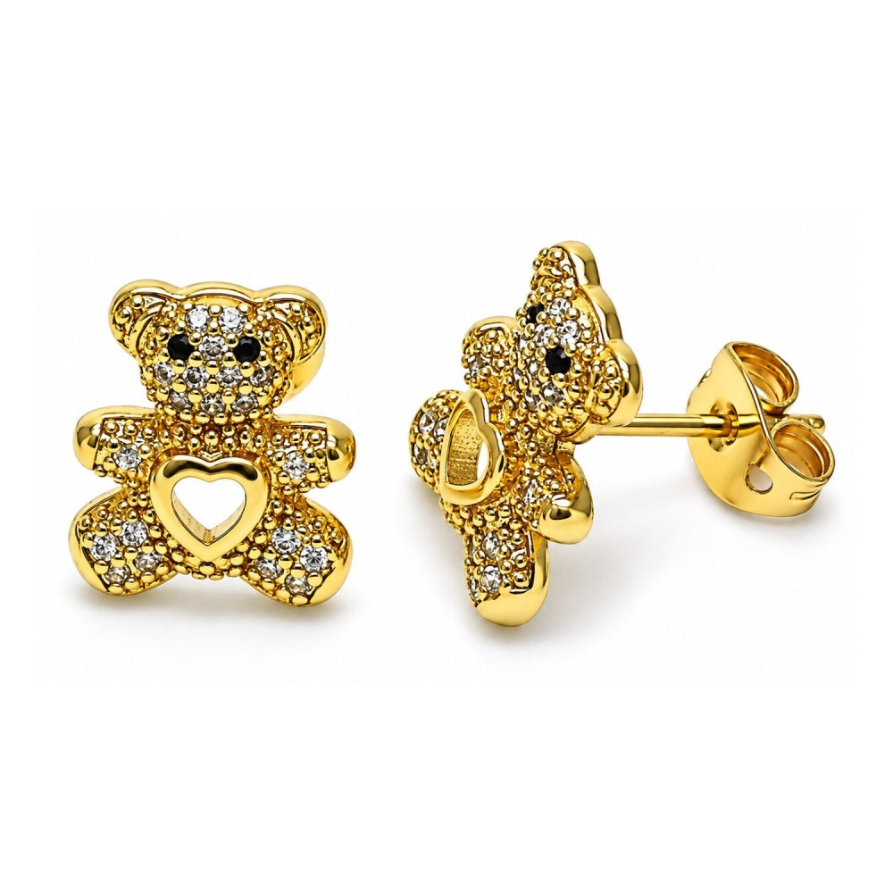 Oro Laminado Stud Earring, Gold Filled Style Teddy Bear and Heart Design, with White and Black Micro Pave, Polished, Golden Finish