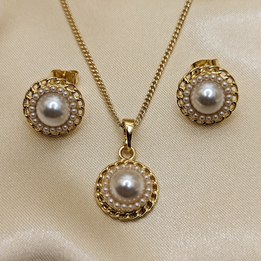 Oro Laminado Earring and Pendant Adult Set, Gold Filled Style with Ivory Pearl, Polished, Golden Finish