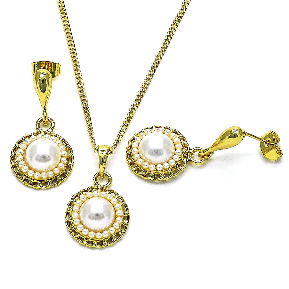 Oro Laminado Earring and Pendant Adult Set, Gold Filled Style with Ivory Pearl, Polished, Golden Finish