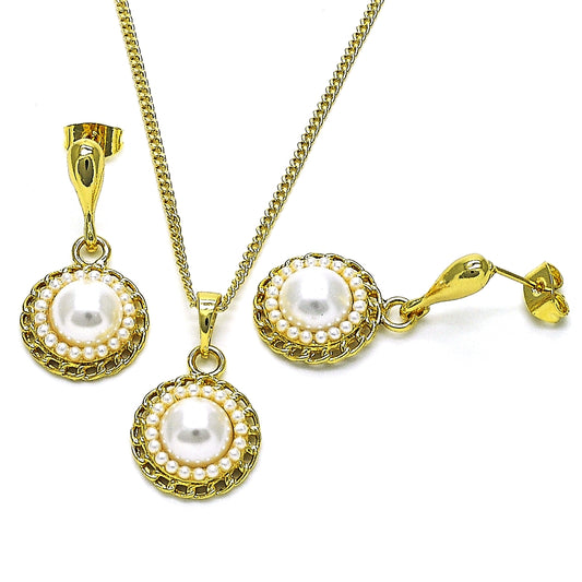 Oro Laminado Earring and Pendant Adult Set, Gold Filled Style with Ivory Pearl, Polished, Golden Finish