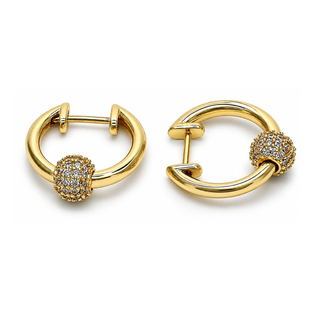 Oro Laminado Huggie Hoop, Gold Filled Style with White Micro Pave, Polished, Golden Finish