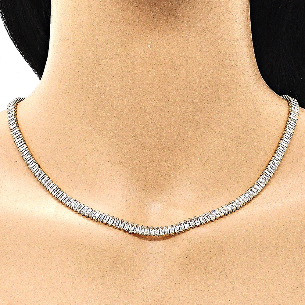 Oro Laminado Fancy Necklace, Gold Filled Style Baguette Design, with White Cubic Zirconia, Polished, Golden Finish