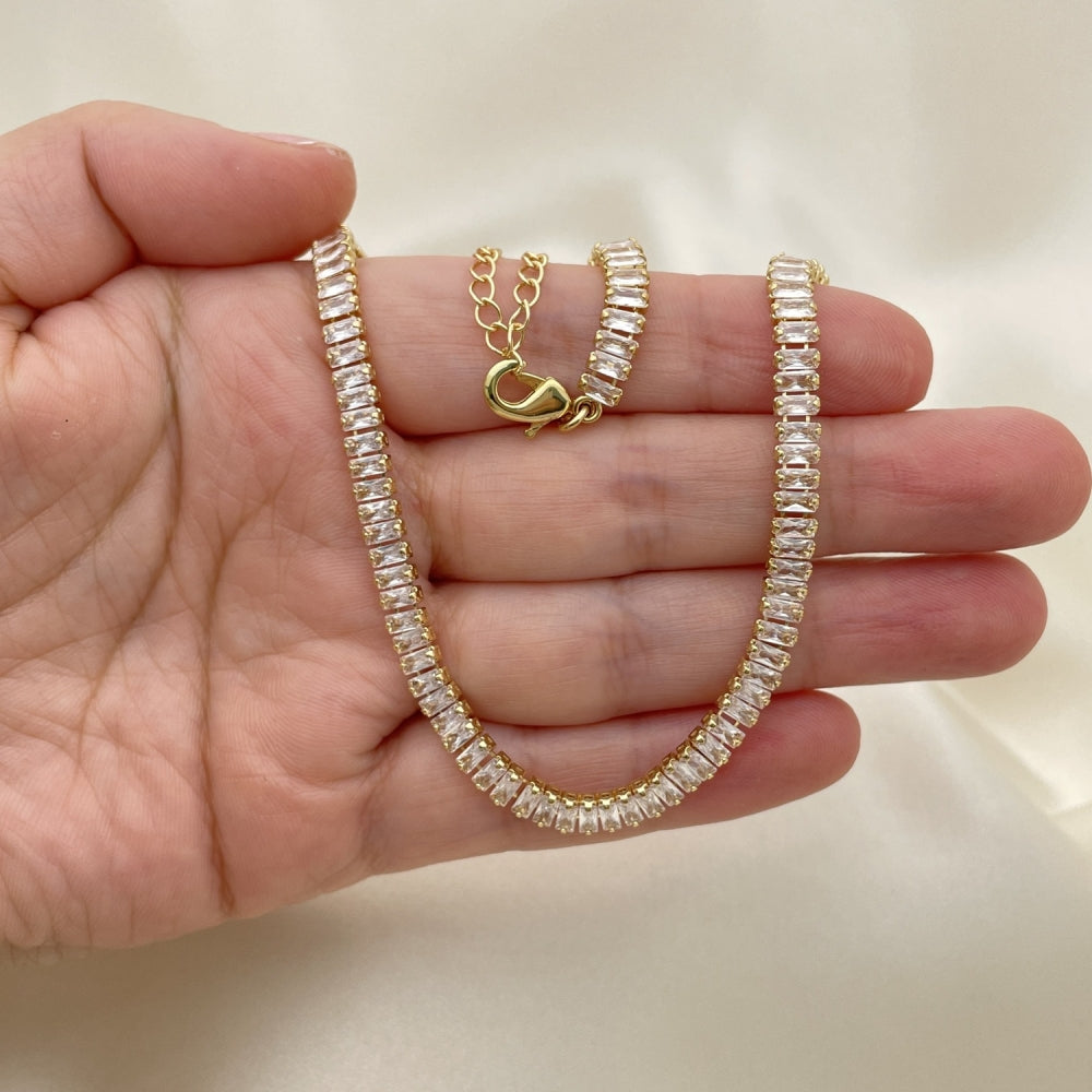 Oro Laminado Fancy Necklace, Gold Filled Style Baguette Design, with White Cubic Zirconia, Polished, Golden Finish