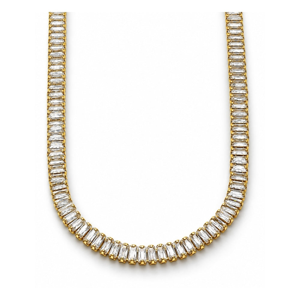 Oro Laminado Fancy Necklace, Gold Filled Style Baguette Design, with White Cubic Zirconia, Polished, Golden Finish