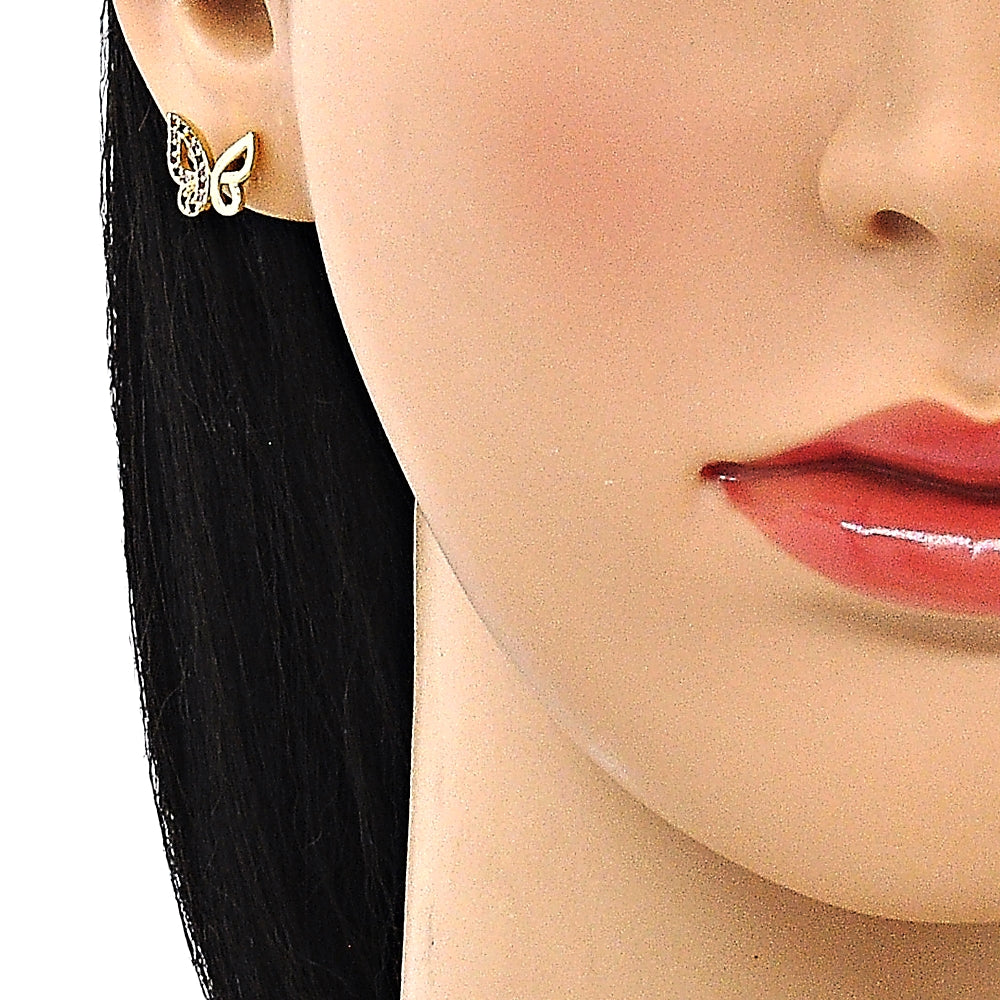 Oro Laminado Earring and Pendant Adult Set, Gold Filled Style Butterfly Design, with Multicolor Micro Pave, Polished, Golden Finish