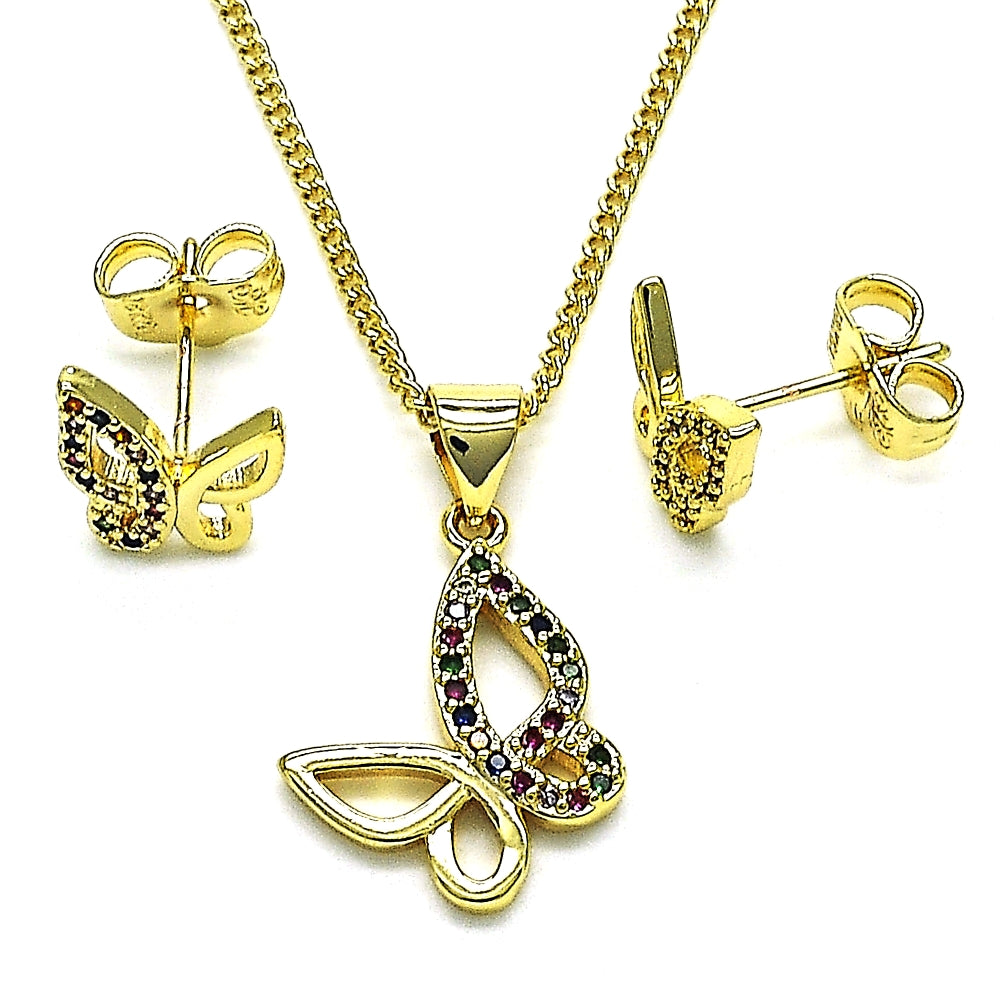 Oro Laminado Earring and Pendant Adult Set, Gold Filled Style Butterfly Design, with Multicolor Micro Pave, Polished, Golden Finish