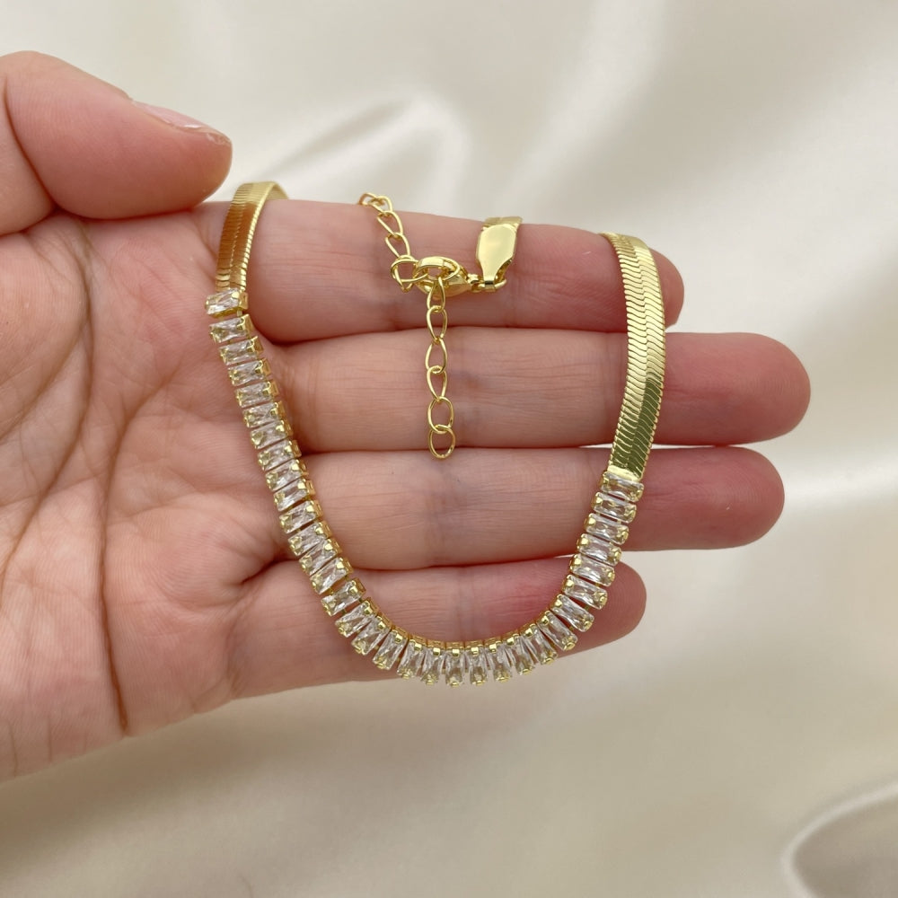 Oro Laminado Fancy Necklace, Gold Filled Style Baguette Design, with White Cubic Zirconia, Polished, Golden Finish