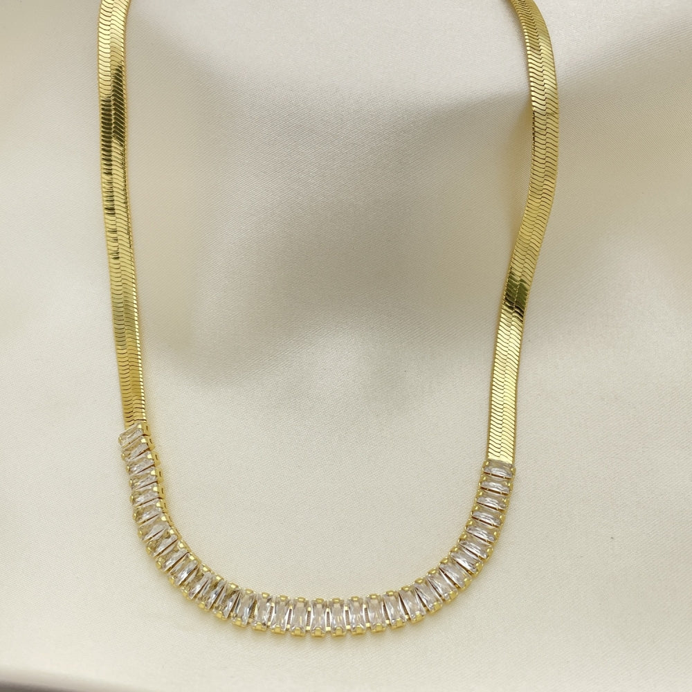 Oro Laminado Fancy Necklace, Gold Filled Style Baguette Design, with White Cubic Zirconia, Polished, Golden Finish