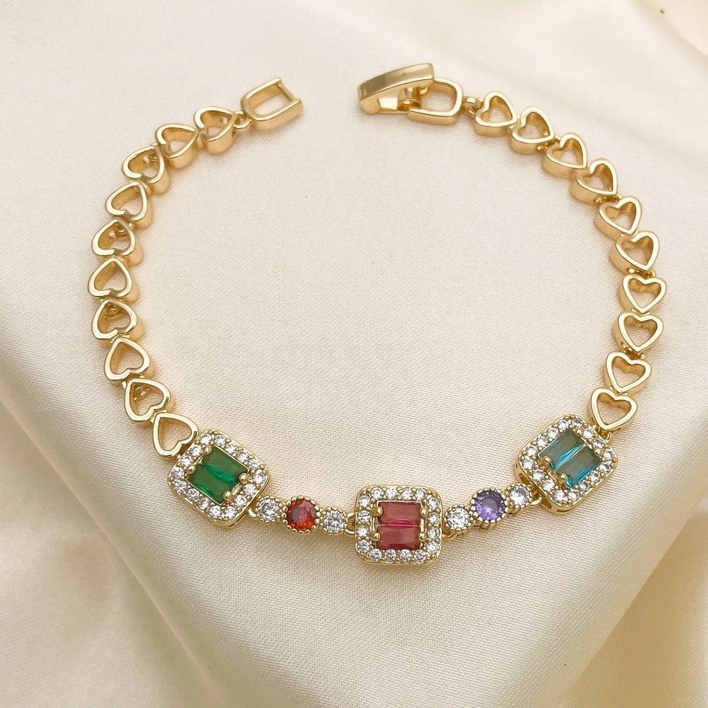 Oro Laminado Fancy Bracelet, Gold Filled Style Heart and Baguette Design, with Multicolor Cubic Zirconia, Polished, Golden Finish