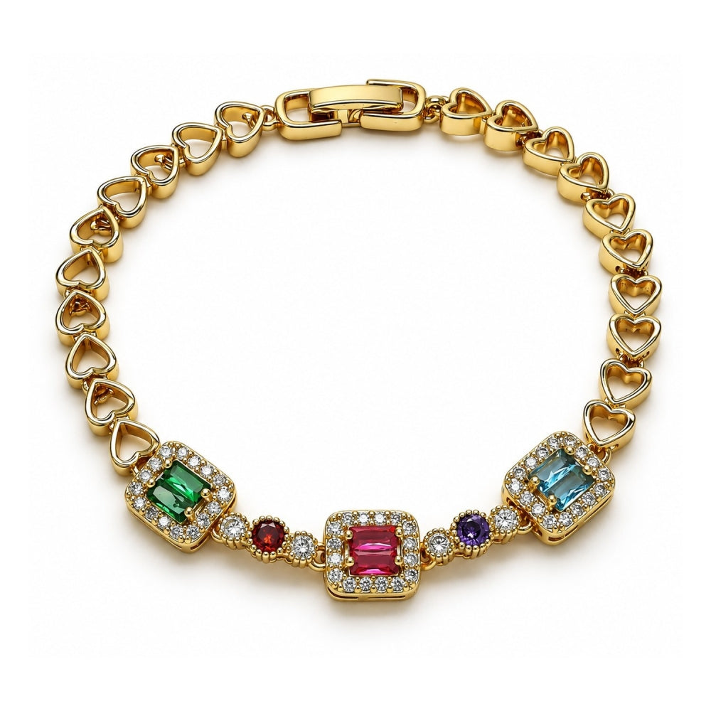 Oro Laminado Fancy Bracelet, Gold Filled Style Heart and Baguette Design, with Multicolor Cubic Zirconia, Polished, Golden Finish