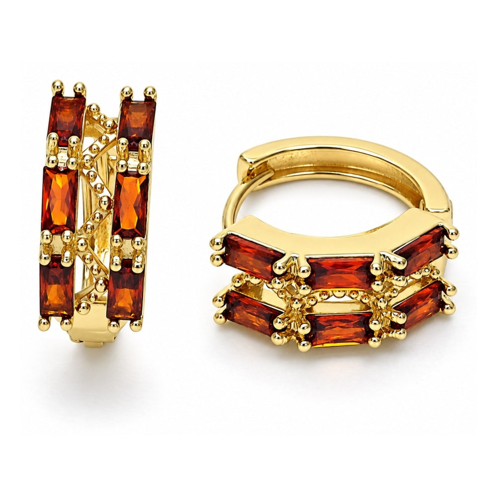 Oro Laminado Huggie Hoop, Gold Filled Style Baguette Design, with Garnet Cubic Zirconia, Polished, Golden Finish