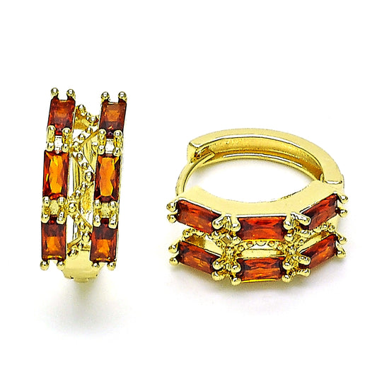 Oro Laminado Huggie Hoop, Gold Filled Style Baguette Design, with Garnet Cubic Zirconia, Polished, Golden Finish
