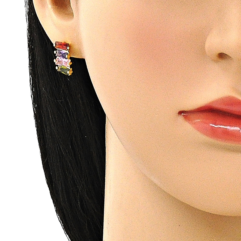 Oro Laminado Earring and Pendant Adult Set, Gold Filled Style Baguette Design, with Multicolor Cubic Zirconia, Polished, Golden Finish