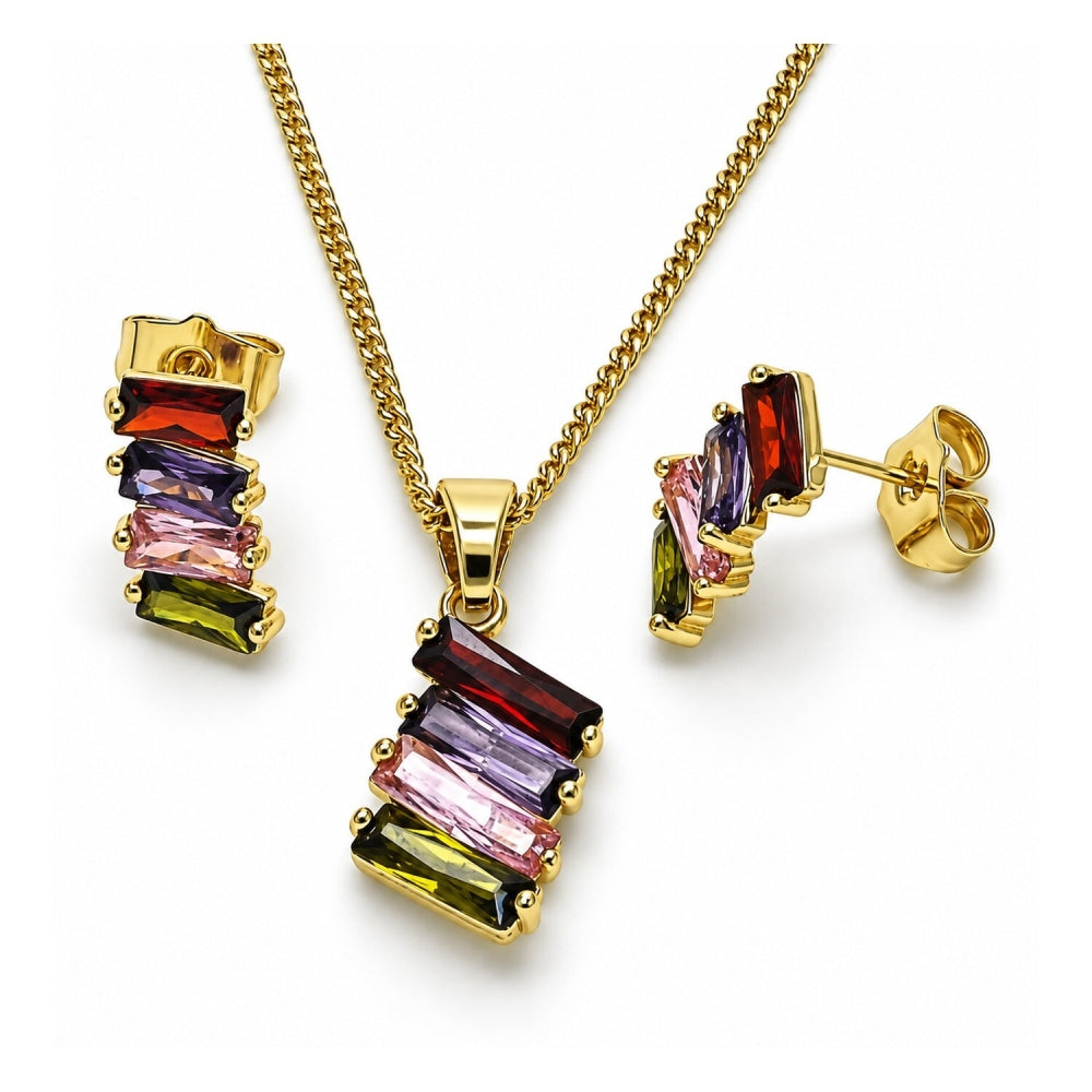 Oro Laminado Earring and Pendant Adult Set, Gold Filled Style Baguette Design, with Multicolor Cubic Zirconia, Polished, Golden Finish