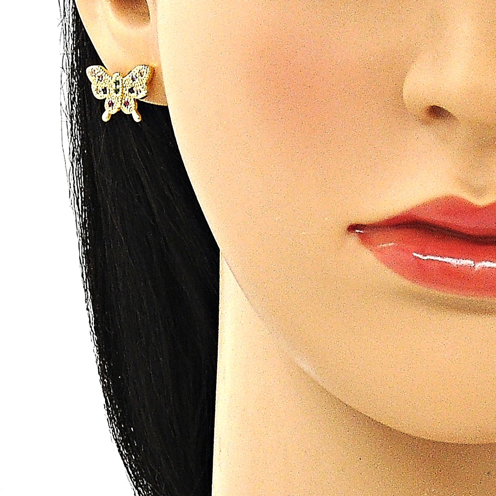Oro Laminado Earring and Pendant Adult Set, Gold Filled Style Butterfly Design, with Multicolor Cubic Zirconia, Polished, Golden Finish