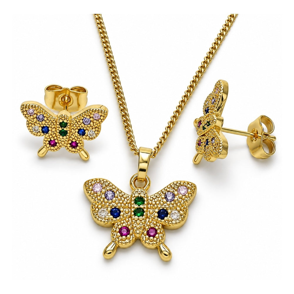 Oro Laminado Earring and Pendant Adult Set, Gold Filled Style Butterfly Design, with Multicolor Cubic Zirconia, Polished, Golden Finish