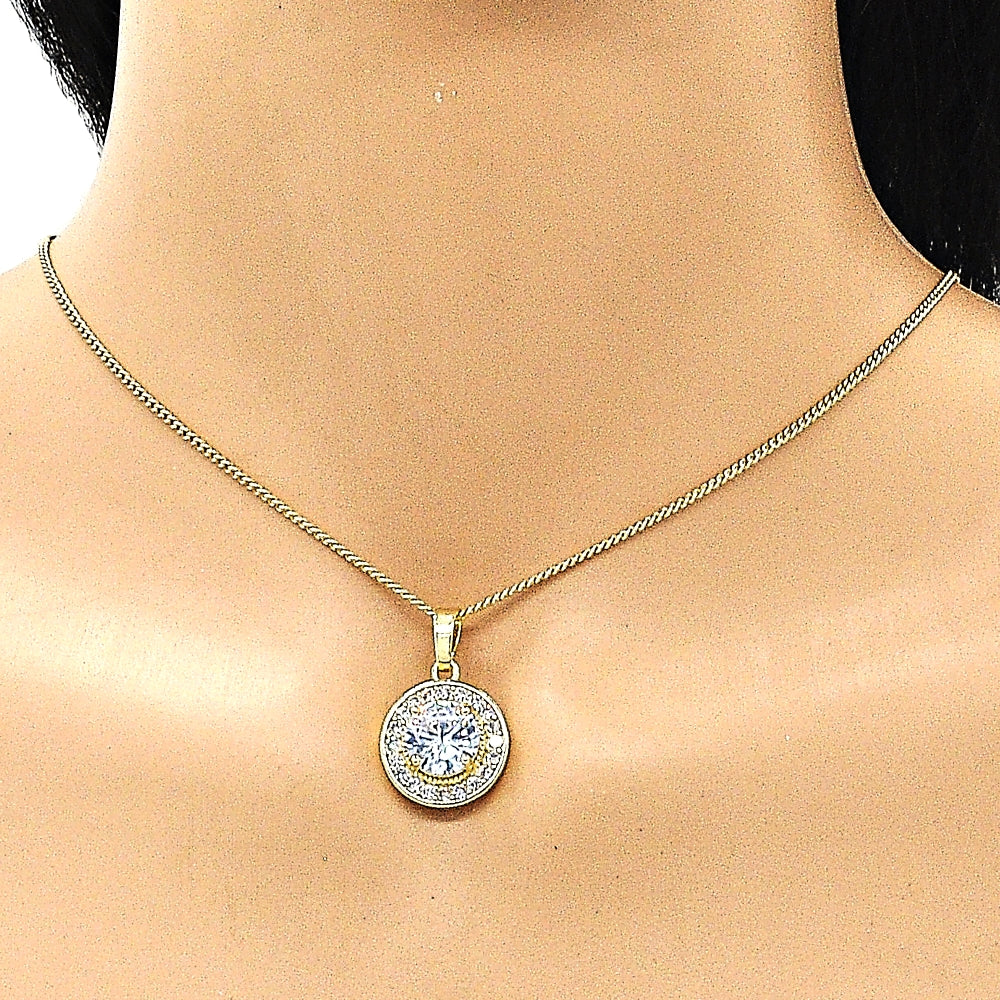Oro Laminado Earring and Pendant Adult Set, Gold Filled Style with White Cubic Zirconia, Polished, Golden Finish