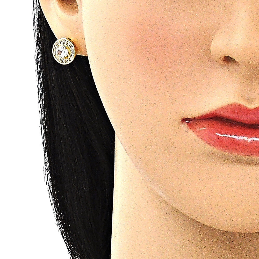 Oro Laminado Earring and Pendant Adult Set, Gold Filled Style with White Cubic Zirconia, Polished, Golden Finish