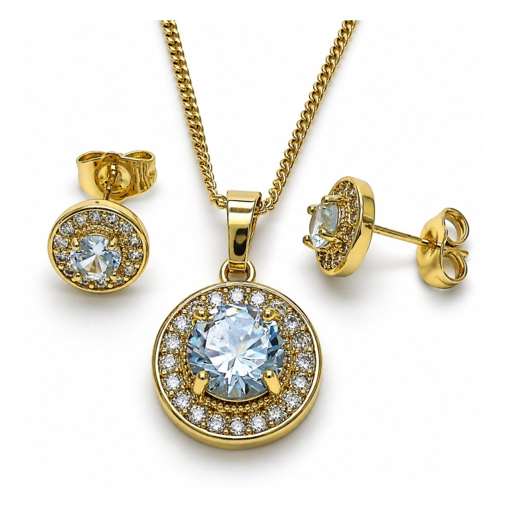 Oro Laminado Earring and Pendant Adult Set, Gold Filled Style with White Cubic Zirconia, Polished, Golden Finish