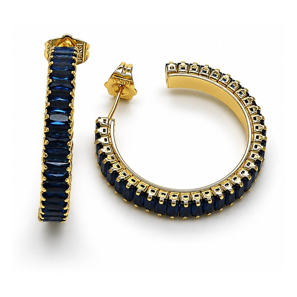 Oro Laminado Stud Earring, Gold Filled Style Baguette Design, with Sapphire Blue Cubic Zirconia, Polished, Golden Finish