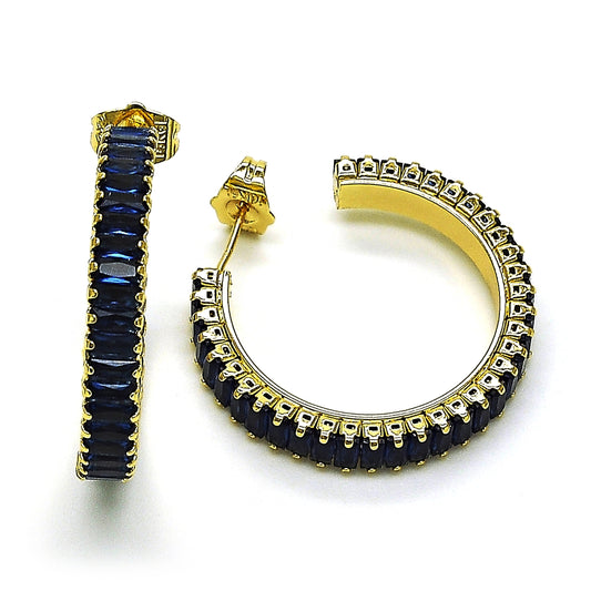 Oro Laminado Stud Earring, Gold Filled Style Baguette Design, with Sapphire Blue Cubic Zirconia, Polished, Golden Finish