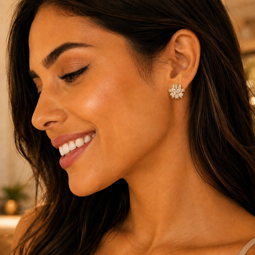 Oro Laminado Stud Earring, Gold Filled Style Flower and Baguette Design, with White Cubic Zirconia, Polished, Golden Finish