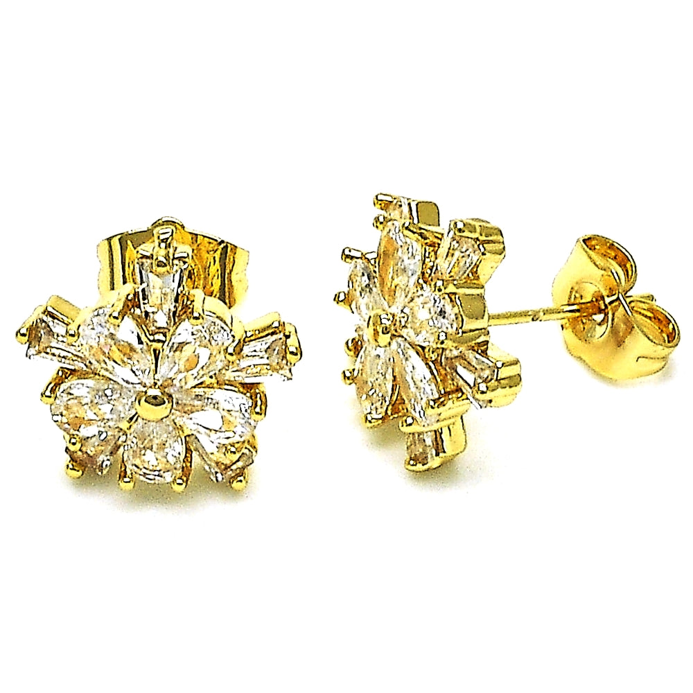 Oro Laminado Stud Earring, Gold Filled Style Flower and Baguette Design, with White Cubic Zirconia, Polished, Golden Finish