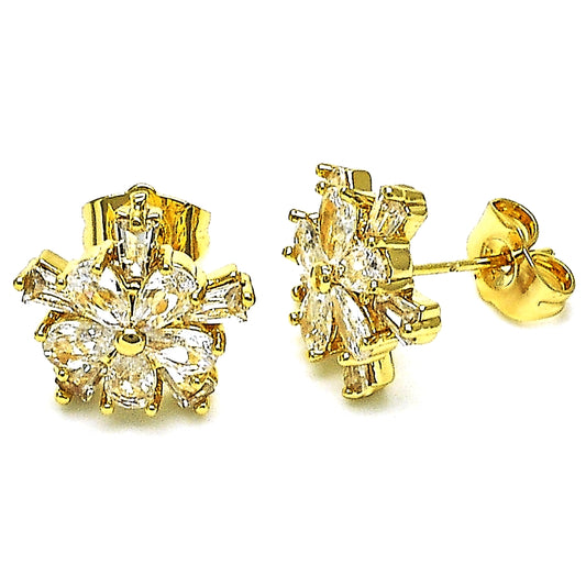 Oro Laminado Stud Earring, Gold Filled Style Flower and Baguette Design, with White Cubic Zirconia, Polished, Golden Finish