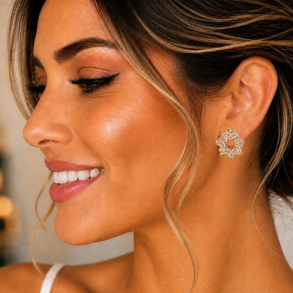 Oro Laminado Stud Earring, Gold Filled Style Baguette Design, with White Cubic Zirconia, Polished, Golden Finish