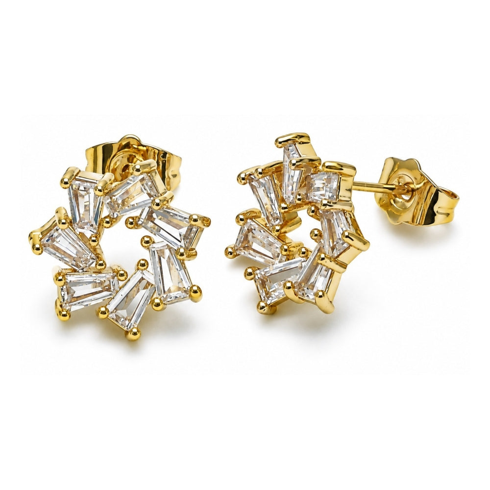 Oro Laminado Stud Earring, Gold Filled Style Baguette Design, with White Cubic Zirconia, Polished, Golden Finish