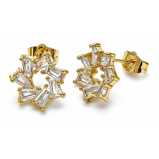 Oro Laminado Stud Earring, Gold Filled Style Baguette Design, with White Cubic Zirconia, Polished, Golden Finish