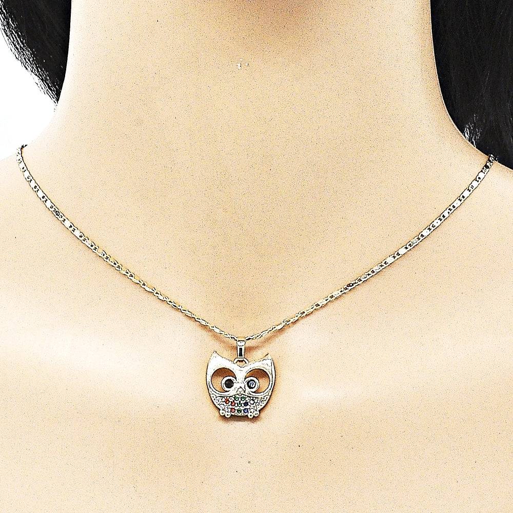 Oro Laminado Earring and Pendant Adult Set, Gold Filled Style Owl Design, with Multicolor Micro Pave and Black Cubic Zirconia, Polished, Golden Finish