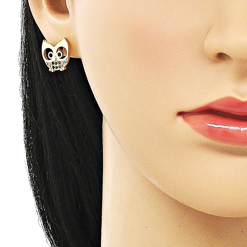 Oro Laminado Earring and Pendant Adult Set, Gold Filled Style Owl Design, with Multicolor Micro Pave and Black Cubic Zirconia, Polished, Golden Finish