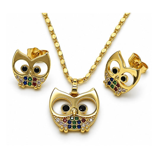 Oro Laminado Earring and Pendant Adult Set, Gold Filled Style Owl Design, with Multicolor Micro Pave and Black Cubic Zirconia, Polished, Golden Finish