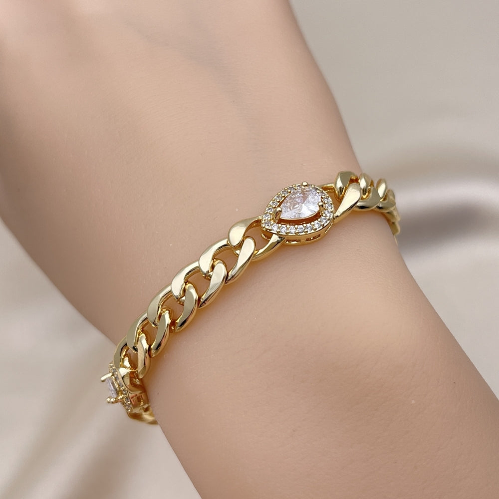 Oro Laminado Fancy Bracelet, Gold Filled Style Teardrop and Curb Design, with White Cubic Zirconia and White Micro Pave, Polished, Golden Finish