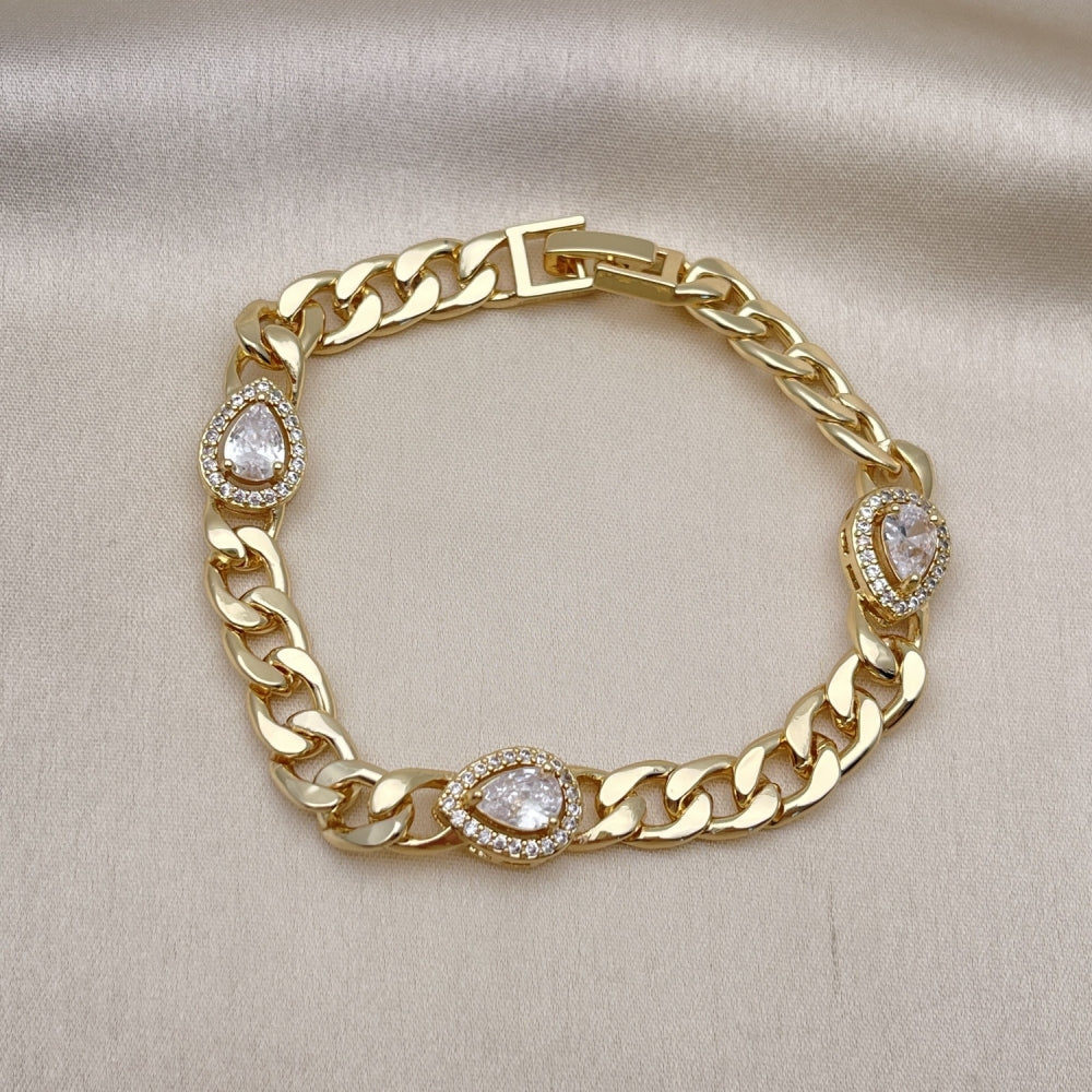 Oro Laminado Fancy Bracelet, Gold Filled Style Teardrop and Curb Design, with White Cubic Zirconia and White Micro Pave, Polished, Golden Finish