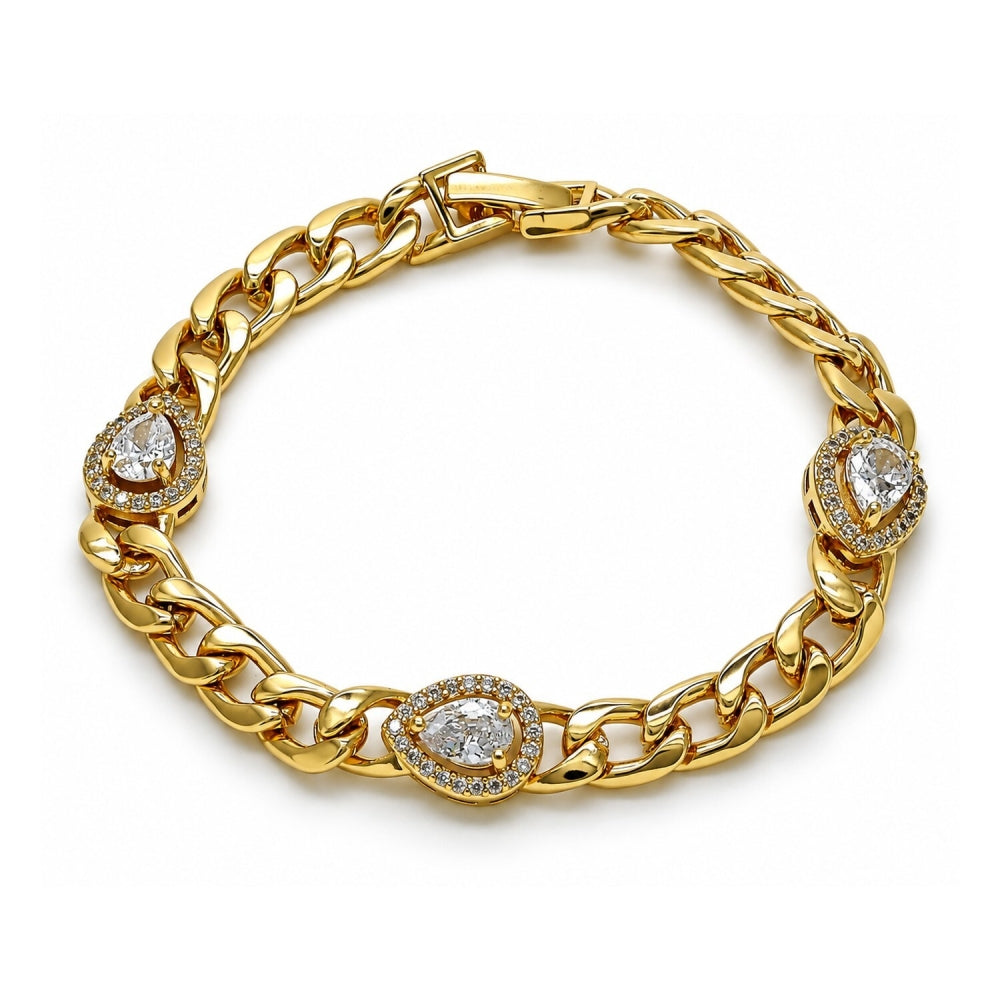 Oro Laminado Fancy Bracelet, Gold Filled Style Teardrop and Curb Design, with White Cubic Zirconia and White Micro Pave, Polished, Golden Finish