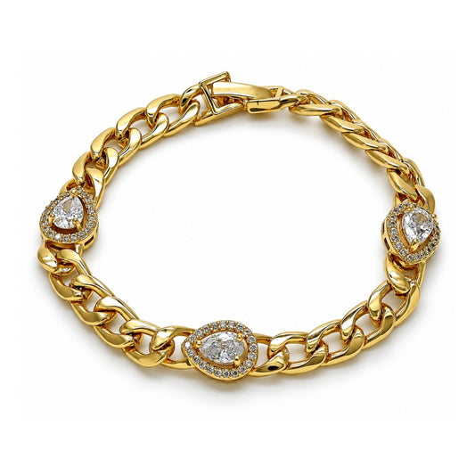 Oro Laminado Fancy Bracelet, Gold Filled Style Teardrop and Curb Design, with White Cubic Zirconia and White Micro Pave, Polished, Golden Finish